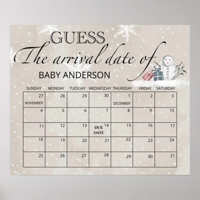 Snömannen Baby Shower Gissa Förfallodatum Kalender Poster (Framsidan)