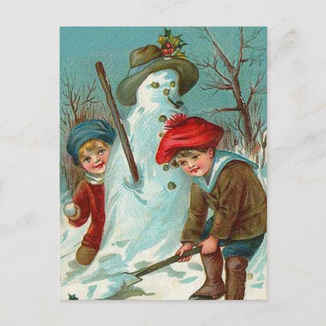Snömannen Barn Snö Julgran Vykort (Framsida)
