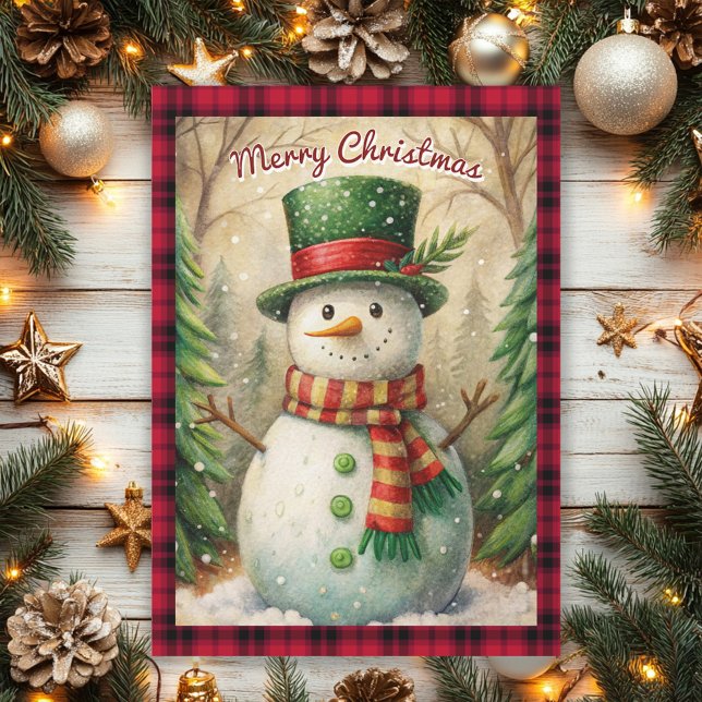 Snömannen Buffalo-rutig Vintage God Jul Julkort (Vintage snowman on red and black buffalo plaid Christmas greeting card)