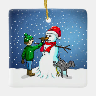 Snömannen bygge julgransprydnad keramik