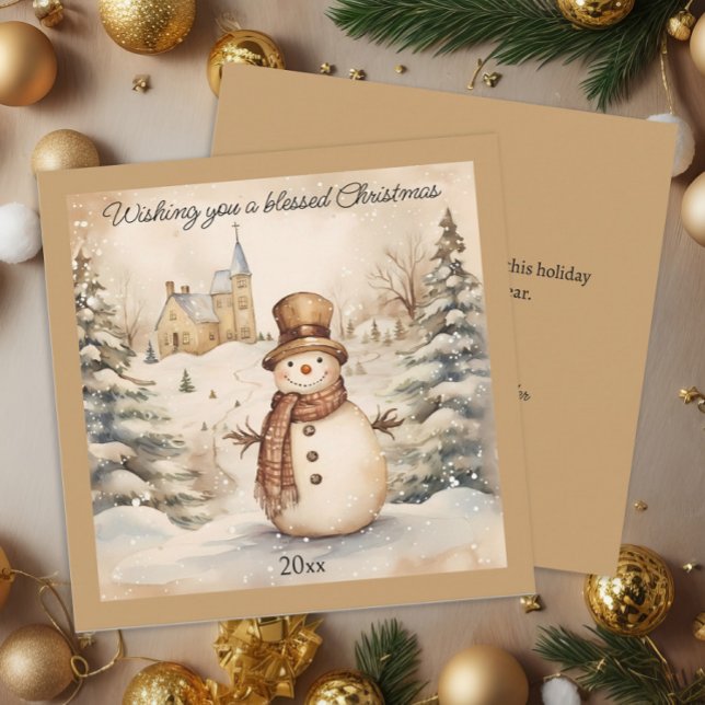 Snömannen Classic Vintage Kyrka Blessed Jul Julkort (Classic "Wishing you a blessed Christmas" snowman square Christmas greeting card)