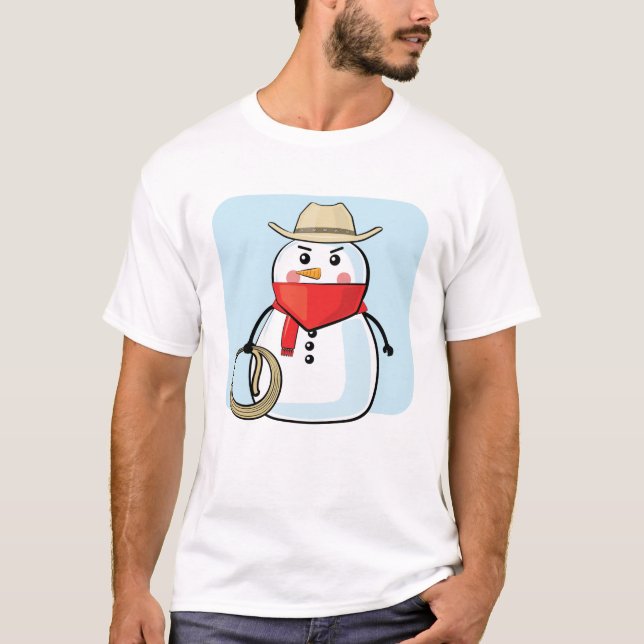 Snömannen Cowboy - Rolig Illustration T Shirt (Framsida)
