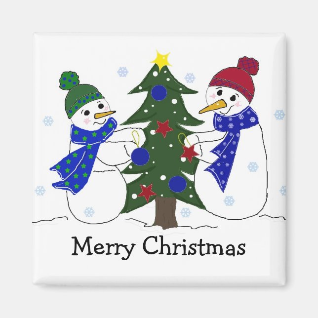 Snömannen dekorerar ett julträd magnet (Framsidan)