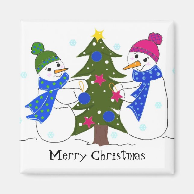 Snömannen dekorerar ett julträd magnet (Framsidan)