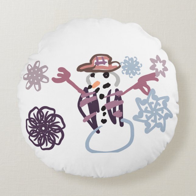 Snömannen glädje snäll  rund kudde (Framsidan)