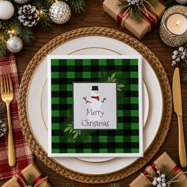 Snömannen Grön Buffalo-rutig Pappersservett (Snowman Green Buffalo Plaid Paper Napkins)