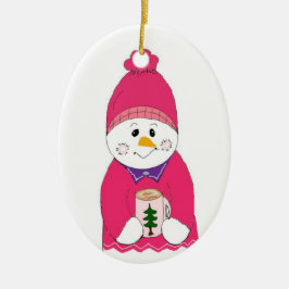 Snömannen i rosa mössa julgransprydnad keramik