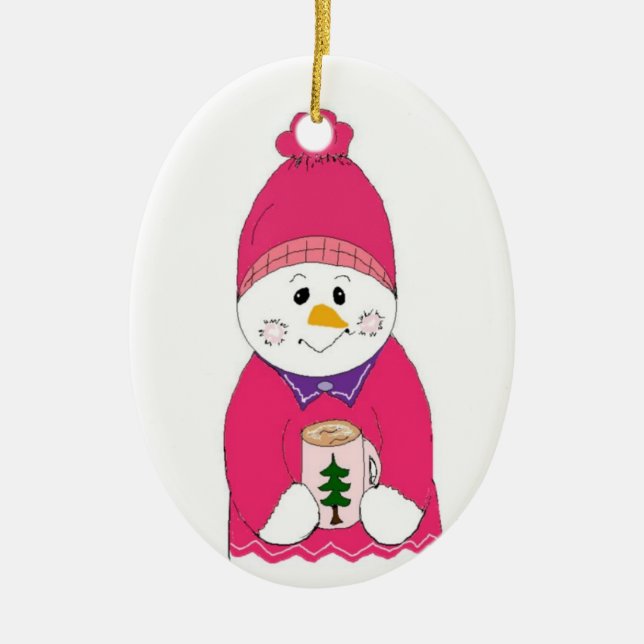 Snömannen i rosa mössa julgransprydnad keramik (Framsidan)