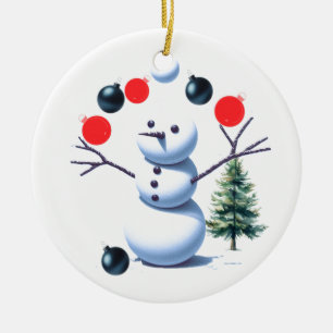 Snömannen jonglerar med julgranskulor