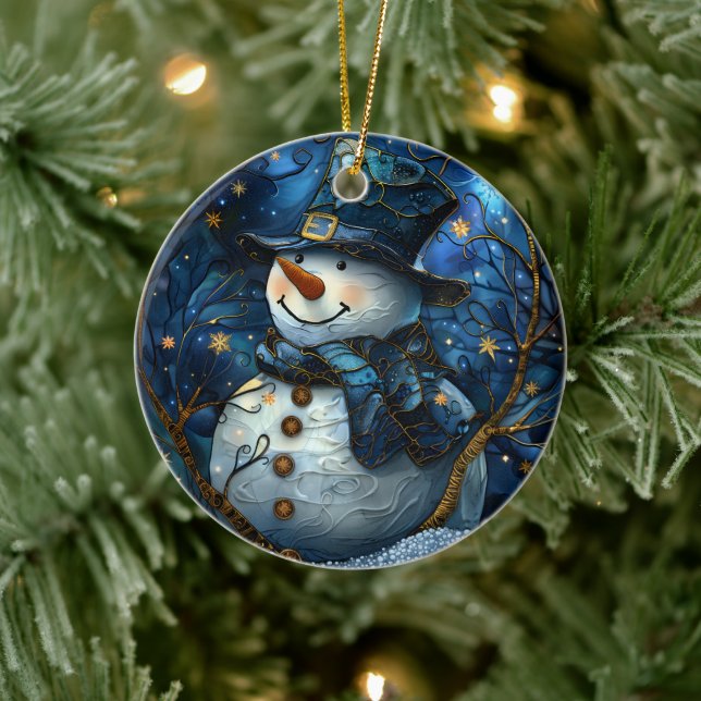 Snömannen julgransprydnad blå falsk glasmålning keramik (Träd)
