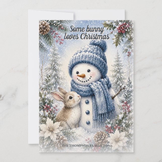 Snömannen Kanin Vattenfärg Vinter Jul Jul Julkort (Framsida)