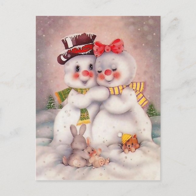 Snömannen kärlekspar, vintage julhälsning vykort (Framsida)