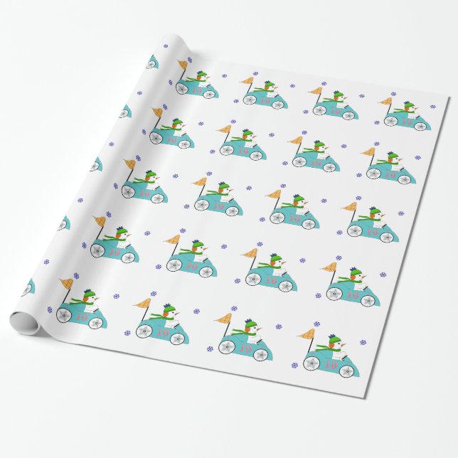Snömannen Körar Sin Racerbilsbil Presentpapper (Utrullad)
