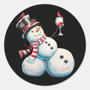Snömannen Med Vin Jul Roligt Julpresent Runt Klistermärke