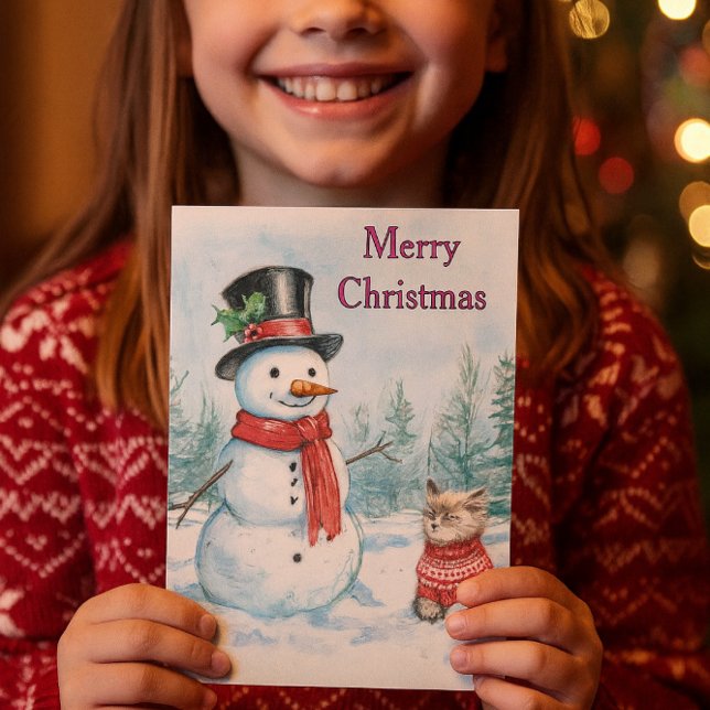 Snömannen och katten God Jul barn  Helgkort (A delightful Christmas snowman card, ideal for children.)
