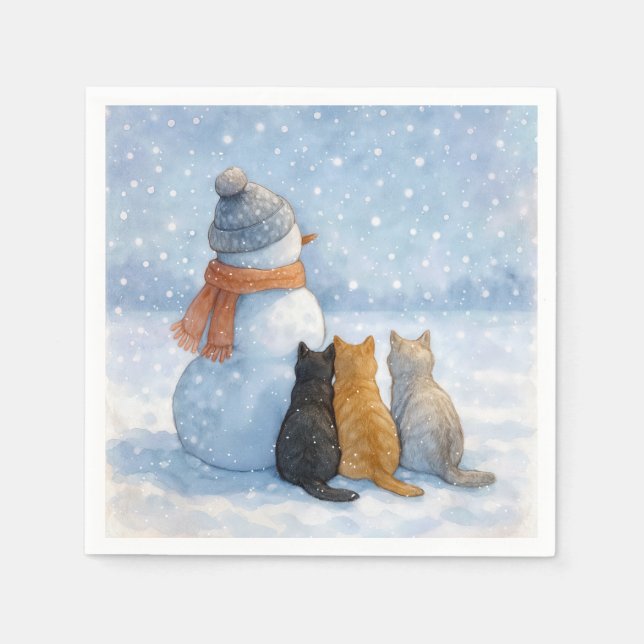 Snömannen och katter i ett snöigt fält pappersservett (Framsidan)