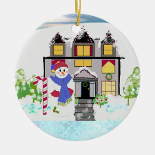 Snömannen och mysiga hus keramiska ornament
