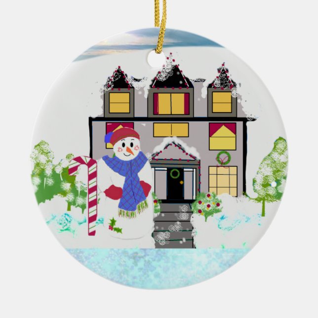 Snömannen och mysiga hus keramiska ornament (Framsidan)