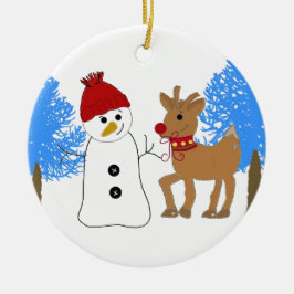 Snömannen och renen i skogen julgransprydnad keramik