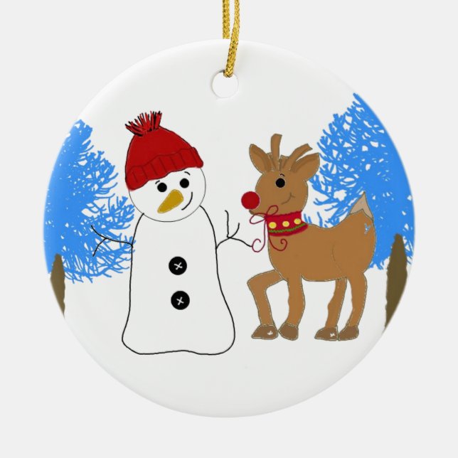 Snömannen och renen i skogen julgransprydnad keramik (Framsidan)