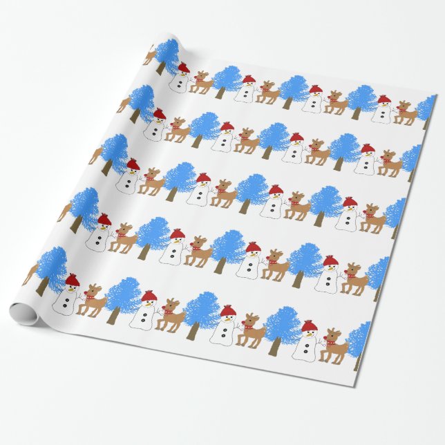 Snömannen och renen i skogen presentpapper (Utrullad)