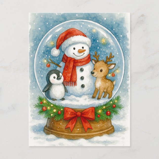 Snömannen och vänner jul snöglob postkort helg vykort (Framsida)