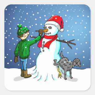 Snömannen, pojke och hund på en dekal fyrkantigt klistermärke