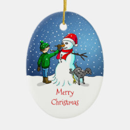 Snömannen, pojke och hund på julgransprydnader julgransprydnad keramik