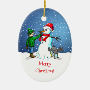 Snömannen, pojke och hund på julgransprydnader julgransprydnad keramik