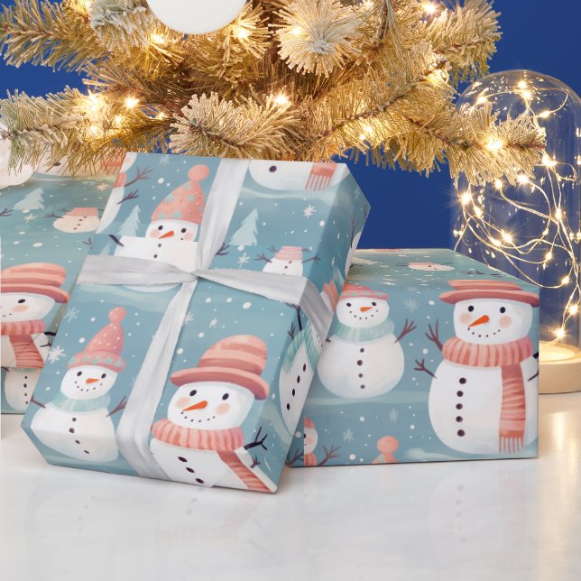 Snömannen Snöflingor Blå Modern Jul Presentpapper (Helgdagar)