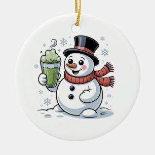 Snömannen som håller matcha-dryck jul julgransprydnad keramik