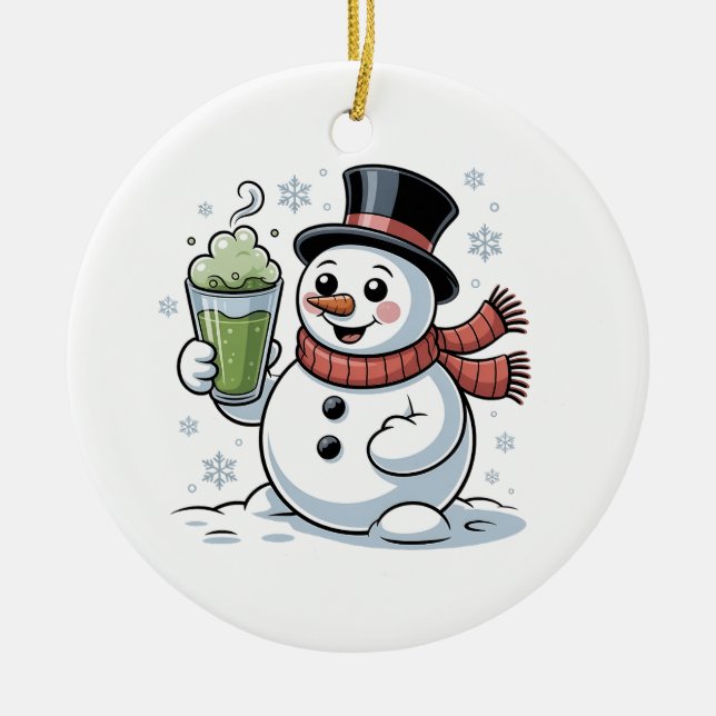 Snömannen som håller matcha-dryck jul  julgransprydnad keramik (Framsidan)