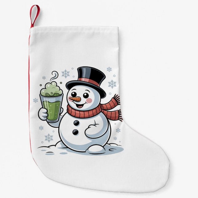 Snömannen som håller matcha-dryck jul  liten julstrumpa (Framsidan)