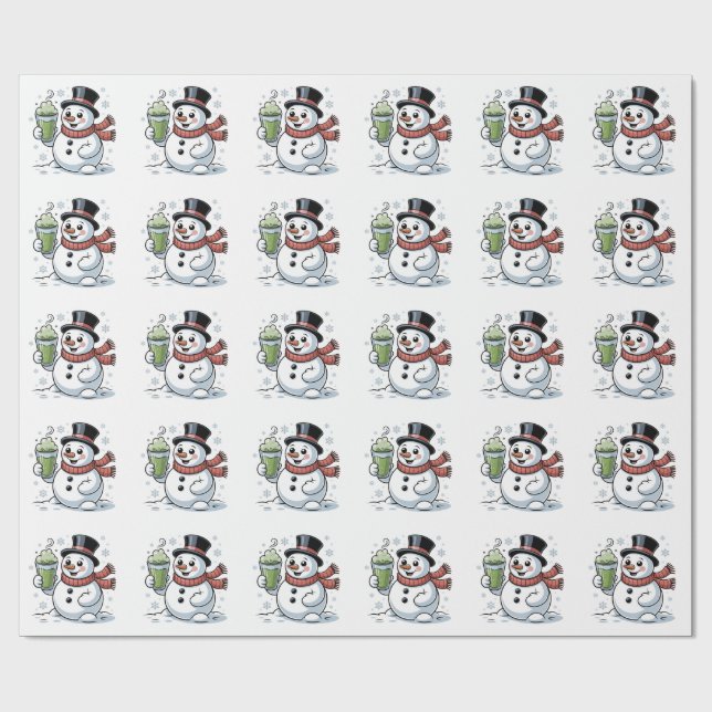 Snömannen som håller matcha-dryck jul  presentpapper (Platt)
