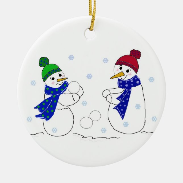 Snömannen som leker i snön julgransprydnad keramik (Framsidan)