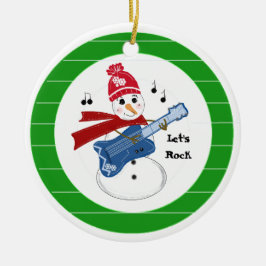 Snömannen spelar elektrisk rockgitarr julgransprydnad keramik