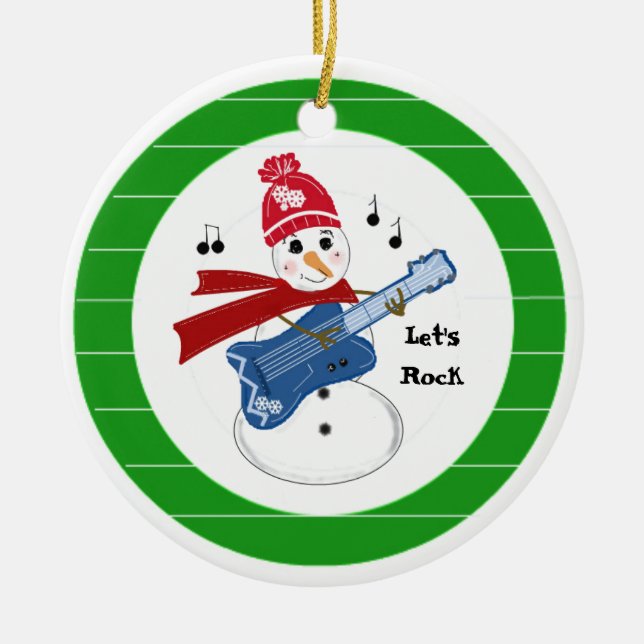 Snömannen spelar elektrisk rockgitarr julgransprydnad keramik (Framsidan)