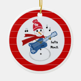 Snömannen spelar elektrisk rockgitarr julgransprydnad keramik