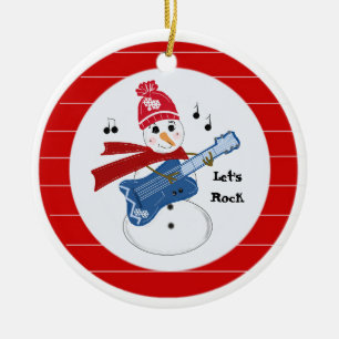 Snömannen spelar elektrisk rockgitarr julgransprydnad keramik