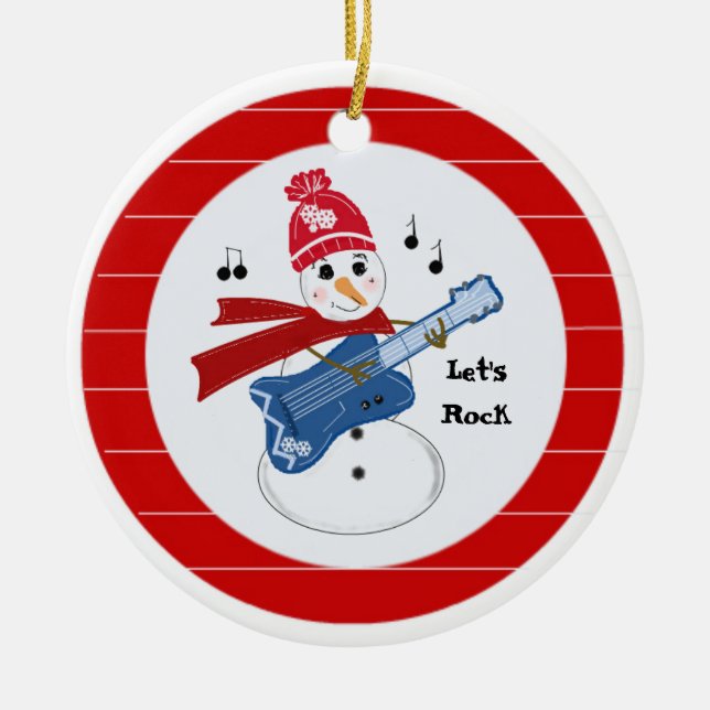 Snömannen spelar elektrisk rockgitarr julgransprydnad keramik (Framsidan)
