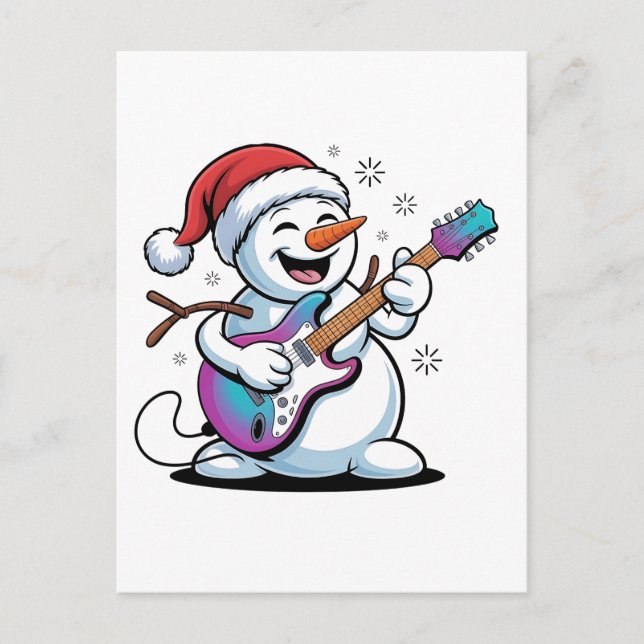 Snömannen spelar elgitarr elektrisk rock jul inbjudan vykort (Framsida)