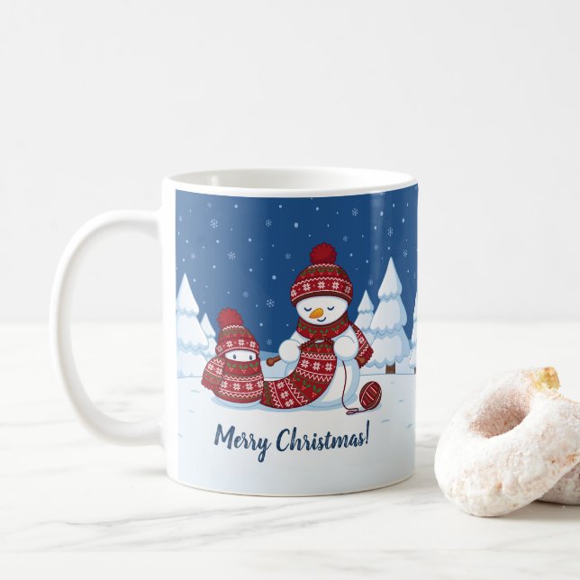 Snömannen stickar julskärp kaffemugg (Med munk)