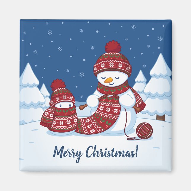 Snömannen stickar julskärp magnet (Framsidan)