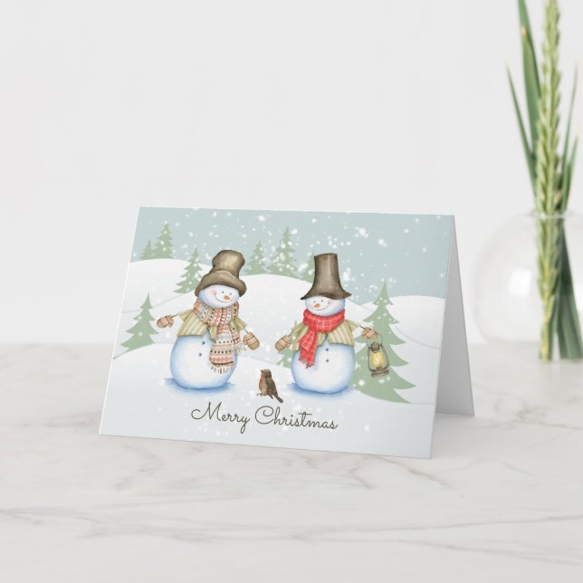 Snömannen Vän Fågel God Jul Söt Högtid  Helgkort (Framsida)