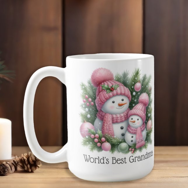 Snömannen Världens Bästa Mormor Rosa Grön Jul Kaffemugg (Cute snowman "World's Best Grandma" mug)