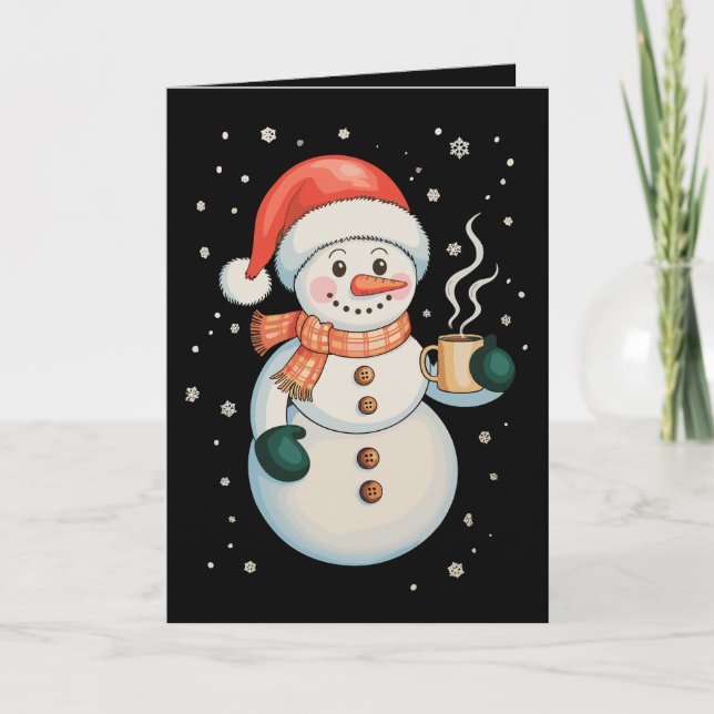 Snömannen Varmt Kaffe Tomte Hatt Vinter Jul Xmas Kort (Framsida)