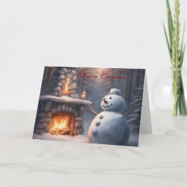 Snömannen vid en öppen spis jul kort