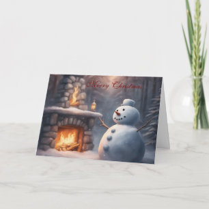 Snömannen vid en öppen spis jul kort