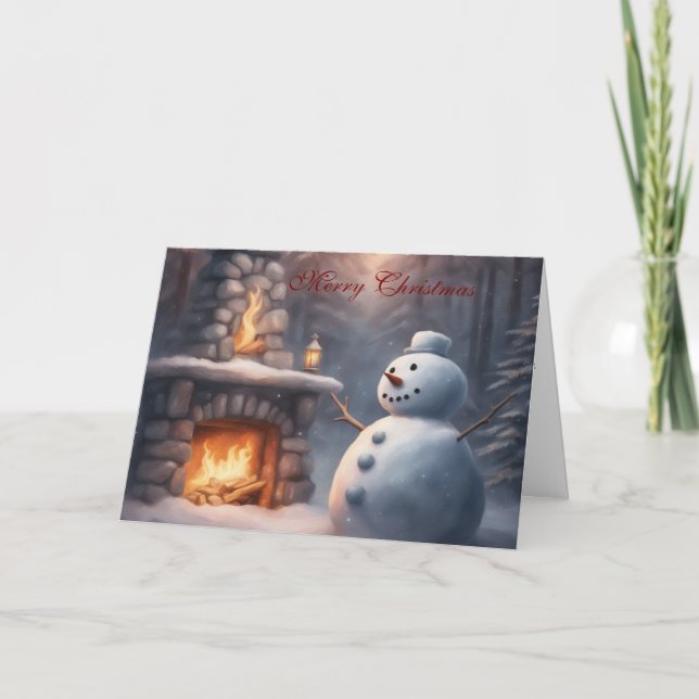 Snömannen vid en öppen spis jul kort (Framsida)