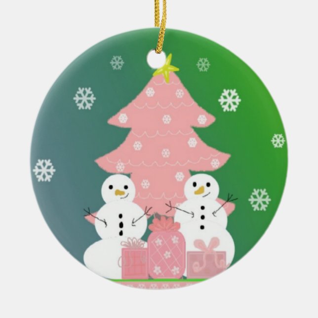 Snömannen vid ett rosa julgran julgransprydnad keramik (Framsidan)